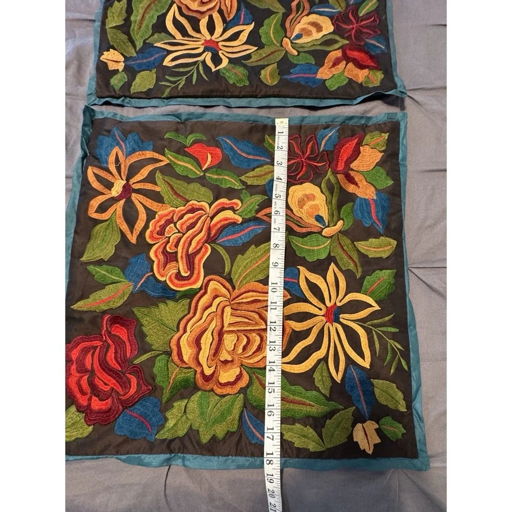 2 Pier One Embroidered Flower Decorative Pillowcases w/Zipper Boho 18' square